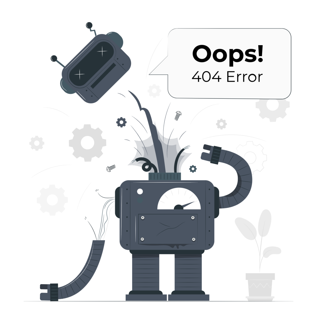 Ilustración de robot con mensaje “Oops! 404 Error”.